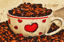 Liebe zum Kaffee. Tasse mit Herzen und Kaffeebohne. Gemalt. von havelmomente