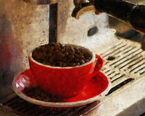 Rote Tasse mit Kaffee. Kaffeemaschine gemalt. von havelmomente