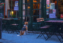 Kaffeehausszene. Hunde sitz vor Restaurant und wartet. Gemalt. by havelmomente