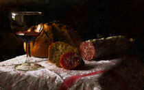 Stillleben aus Rotwein Glas, Salami und Brot. Gemalt. von havelmomente