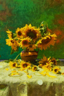 Sonnenblumenstrauß auf Tisch. Stillleben gemalt.  by havelmomente