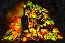 Stillleben. Herbst mit Weinflasche, Weintraube, Weinlaub und Äpfeln. Gemalt. von havelmomente