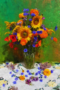 Blumenstrauß mit Sonnenblume, Mohn und Kornblumen. Stillleben gemalt. by havelmomente