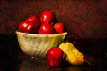 Stillleben. Obstschale mit roten Äpfeln und einer Birne. Gemalt. von havelmomente