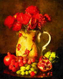 Stillleben aus Keramikkanne mit roten Blumen und Weintrauben mit Granatapfeln. Gemalt. by havelmomente