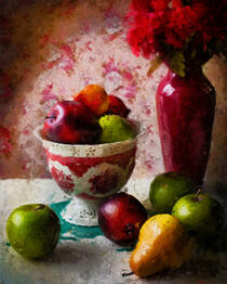 Stillleben aus Blumenvase mit Obstschale. Äpfel und Birnen. Gemalt. von havelmomente
