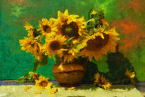 Strauß Sonnenblumen in Vase auf Tisch. Stillleben. Gemalt. by havelmomente
