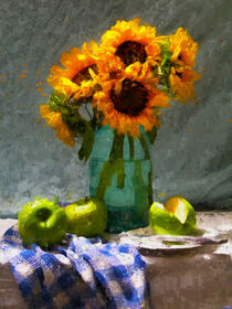 Stillleben mit Strauß Sonnenblumen und Äpfel auf Tisch. Gemalt. von havelmomente