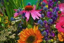 Bunte Blumen mit Rittersporn, Sonnenblume, Echinacea, Disteln. Gemalt. by havelmomente