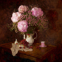 Blumenstrauß auf Tisch mit Hortensien und Schleierkraut. Gemalt Stillleben. von havelmomente