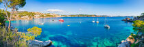 Majorca, panorama view of coastline bay with boats of Cala Fornells, Spain, Mediterranean Sea, Balearic Islands. by Alex Winter