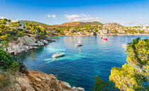 Mallorca, coast bay with boats in Cala Fornells, Spain by Alex Winter