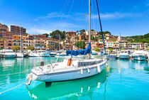 Mallorca, idyllic view of marina yachts sailboats of Port de Soller, beautiful coast Mediterranean Sea Spain by Alex Winter