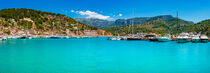 Panorama of seaside landscape of Port de Soller on Mallorca with yachts at marina by Alex Winter