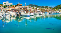 Majorca, beautiful coast of Port de Soller with fishing boats at pier by Alex Winter