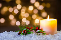 Festive burning Christmas and Advent candlelight on snow with natural decoration and sparkling lights background by Alex Winter