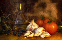 Stillleben. Zutaten Knoblauch, Olivenöl und Tomaten auf Tisch. Gemalt. by havelmomente