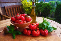 Frische Tomaten und Basilikum mit Olivenöl. Stillleben gemalt. by havelmomente