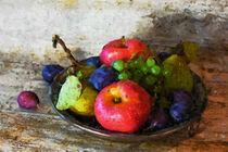 Stillleben. Obstschale mit Äpfel, Weintrauben und Pflaumen. Gemalt. von havelmomente