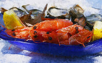 Meeresfrüchte Schale mit Garnelen, Austern Schalen und Zitrone. Gemalt. by havelmomente