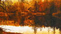 Hütte am See im Herbst. Herbstlandschaft, Wald. Gemalt. by havelmomente