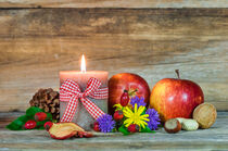 Herbstdekoration mit Kerze, Äpfeln, Nüssen und Blüten von Alex Winter