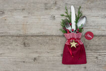 Christmas menu table place setting on grey wooden table, top view by Alex Winter