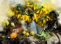 Sonnenblumen in Milchkanne auf Tisch mit Obst. Aquarell. Gemalt. von havelmomente