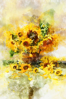 Aquarell. Sonnenblumenstrauß in Blumenvase auf Tisch. Gemalt. by havelmomente