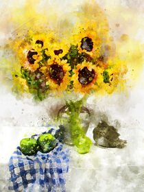 Aquarell Sonnenblumen auf Tisch mit karo Tischdecke und Äpfeln. Gemalt. by havelmomente