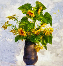 Blumenstrauß mit Sonnenblumen und Goldrute. Gemalt. by havelmomente