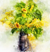 Aquarell. Sonnenblumen im Strauß mit Goldrute. Gemalt. by havelmomente