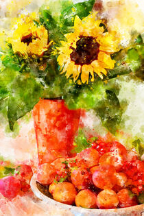 Aquarell. Sonnenblumen Strauß auf Tisch mit Aprikosen in Obstschale. Stillleben gemalt. by havelmomente