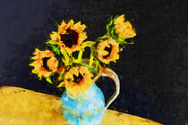 Gemalte Vase mit Sonnenblumen auf Tisch. Stillleben. von havelmomente