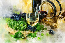 Aquarell. Weingläser mit Rotwein und Weißwein. Weintrauben und Fass daneben. by havelmomente