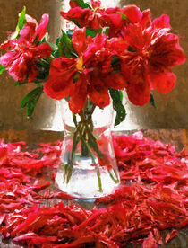 Strauß rote Pfingsrosen auf Tisch. Gemalt. Blumenstillleben. von havelmomente