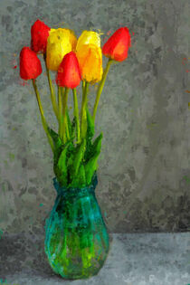 Blumenstrauß mit roten und gelben Tulpen in Vase. Gemalt. von havelmomente
