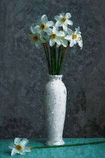 Strauß weiße Narzissen in Blumenvase. Gemalt. by havelmomente