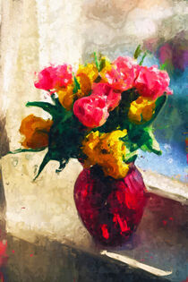 Blumenvase mit Tulpen auf dem Fensterbrett. Gemalt. by havelmomente