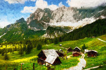 Alpenlandschaft mit Almhütten. Dolomiten. Gemalt. von havelmomente