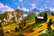 Hütte in den Alpen. Berge und blauer Himmel. Gemalt. by havelmomente