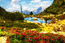 Berglandschaft der Alpen mit Bergsee und blühenden Almrosen. Gemalt. von havelmomente