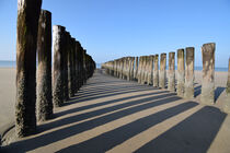 Breakwater sea defense with shadow of the wooden pole in the sand on the beach von LE-gals Photography