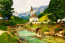 Kirche in den Alpen an einem Bach. Alpine Landschaft gemalt. by havelmomente