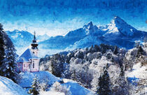 Winterlandschaft in den Bergen mit Kirche. Gemalt. von havelmomente