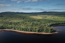 Forest and lakeshore at Lake Siljan from above with blue sky in Dalarna, Sweden von Bastian Linder