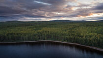 Forest and lakeshore at Lake Siljan from above during sunset in Dalarna, Sweden von Bastian Linder