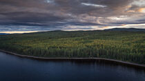Forest and lakeshore at Lake Siljan from above during sunset in Dalarna, Sweden by Bastian Linder