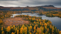 Lake and mountains with trees in autumn along the scenic Wilderness Road in Jämtland in Sweden from above von Bastian Linder