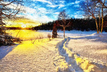 Sonnenaufgang in winterlicher Landschaft, Weg im Schnee. Gemalt. by havelmomente